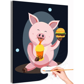 1 Свинка и гамбургер Животные Еда Смешная Для кухни Мультики Раскраска картина по номерам на холсте