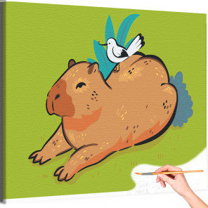 1 Капибара на поляне с птичкой Животные Для детей Детская Для девочек Для мальчиков Легкая Простая Раскраска картина по номерам 