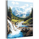 Пейзаж с водопадом и горы Природа Лес Лето Река Интерьерная 80х100 Раскраска картина по номерам на холсте