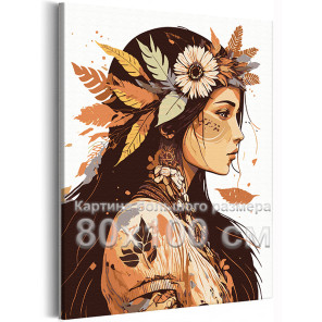Девушка с цветами и листьями в волосах Портрет Женщина Индеец 80х100 Раскраска картина по номерам на холсте