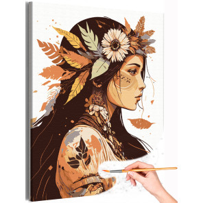 1 Девушка с цветами и листьями в волосах Портрет Женщина Индеец Раскраска картина по номерам на холсте