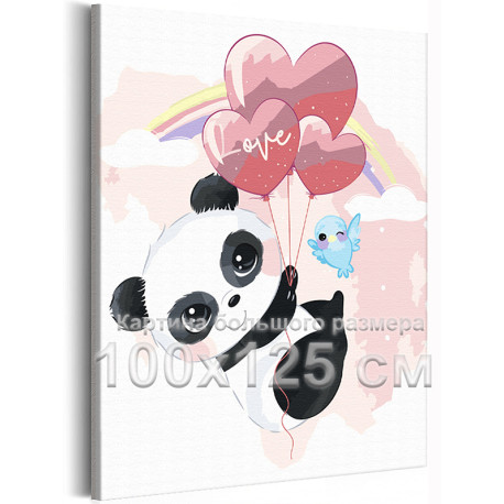 Панда на воздушных шарах и птица Коллекция Cute love Животные Любовь Романтика Для детей Детские Для девочек 100х125 Раскраска к