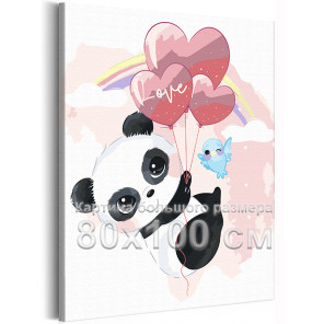 Панда на воздушных шарах и птица Коллекция Cute love Животные Любовь Романтика Для детей Детские Для девочек 80х100 Раскраска ка