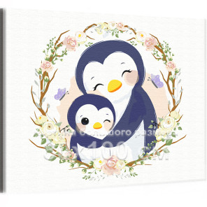 Пингвин мама с малышом в цветах Коллекция Cute animals Животные Для детей Детские Для девочек 80х100 Раскраска картина по номера