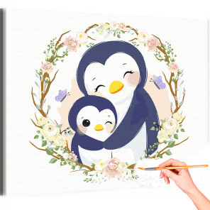 1 Пингвин мама с малышом в цветах Коллекция Cute animals Животные Для детей Детские Для девочек Раскраска картина по номерам на 
