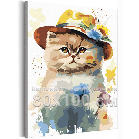 Котенок в шляпе Животные Кошки Коты Лето Британец 80х100 Раскраска картина по номерам на холсте