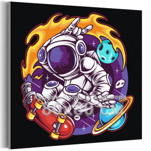Космонавт на скейте на фоне планет Космос Люди Планеты 80х80 Раскраска картина по номерам на холсте