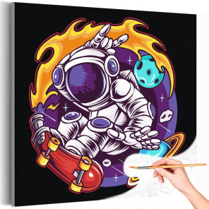 1 Космонавт на скейте на фоне планет Космос Люди Планеты Раскраска картина по номерам на холсте