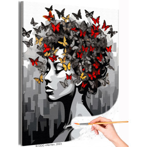  Портрет девушки с яркими бабочками Люди Женщина Черно белая Стильная Интерьерная Раскраска картина по номерам на холсте AAAA-NK