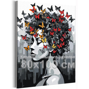 Портрет девушки с яркими бабочками Люди Женщина Черно белая Стильная Интерьерная 80х100 Раскраска картина по номерам на холсте