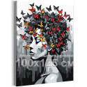 Портрет девушки с яркими бабочками Люди Женщина Черно белая Стильная Интерьерная 100х125 Раскраска картина по номерам на холсте