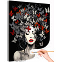  Портрет девушки с красными губами и бабочками Люди Женщина Черно белая Стильная Интерьерная Раскраска картина по номерам на хол