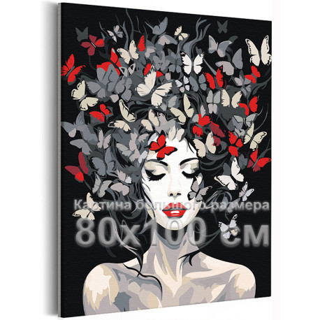 Портрет девушки с красными губами и бабочками Люди Женщина Черно белая Стильная Интерьерная 80х100 Раскраска картина по номерам 