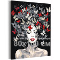 Портрет девушки с красными губами и бабочками Люди Женщина Черно белая Стильная Интерьерная 80х100 Раскраска картина по номерам на холсте