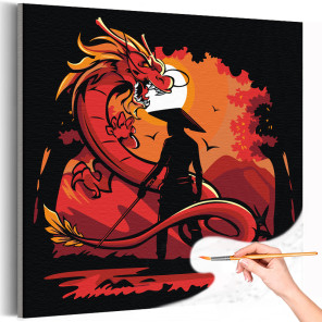 1 Мужчина воин и китайский дракон Аниме Манга Мультики Фэнтези Символ года 40х40 Раскраска картина по номерам на холсте
