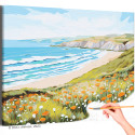 Яркие цветы у морского берега Природа Пейзаж Море Океан Пляж Лето Раскраска картина по номерам на холсте
