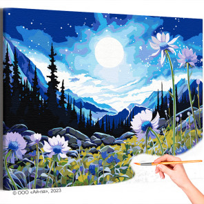  Цветы и луна в горах Природа Пейзаж Альпы Лес Звездная ночь Лето Раскраска картина по номерам на холсте AAAA-NK598