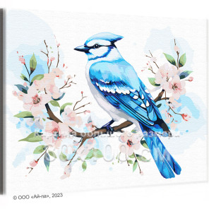 Голубая сойка на ветвях с цветами Природа Птицы Весна 80х100 Раскраска картина по номерам на холсте
