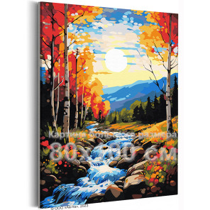 Яркая природа на закате Пейзаж Осень Горы Лес Вода Дерево 80х100 Раскраска картина по номерам на холсте