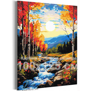 Яркая природа на закате Пейзаж Осень Горы Лес Вода Дерево 100х125 Раскраска картина по номерам на холсте