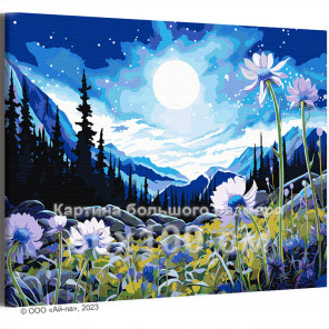 Цветы и луна в горах Природа Пейзаж Альпы Лес Звездная ночь Лето 80х100 Раскраска картина по номерам на холсте