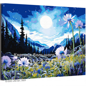 Цветы и луна в горах Природа Пейзаж Альпы Лес Звездная ночь Лето 100х125 Раскраска картина по номерам на холсте