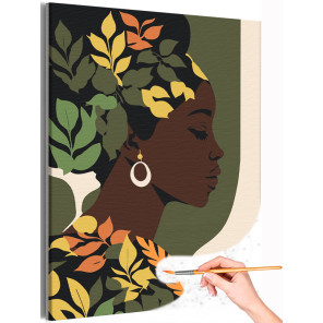 1 Африканка в листьях Девушка Женщина Портрет Минимализм Интерьерная Люди Африка Раскраска картина по номерам на холсте