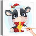 Корова с подарком на Рождество Новый год Животные Бык Зима Для детей Детская Для девочки Для мальчика 40х40 Раскраска картина по номерам на холсте