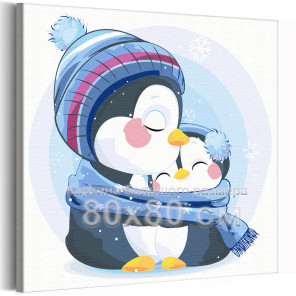 Мама пингвин с малышом в шарфе Коллекция Cute animals Зима Животные Птицы Для детей Детские Для девочек Для мальчиков 80х80 Раск