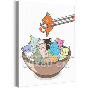 Котики и китайская еда Животные Кошки Коты Котята Для кухни Для Детей Детская Смешная 60х80 Раскраска картина по номерам на холс