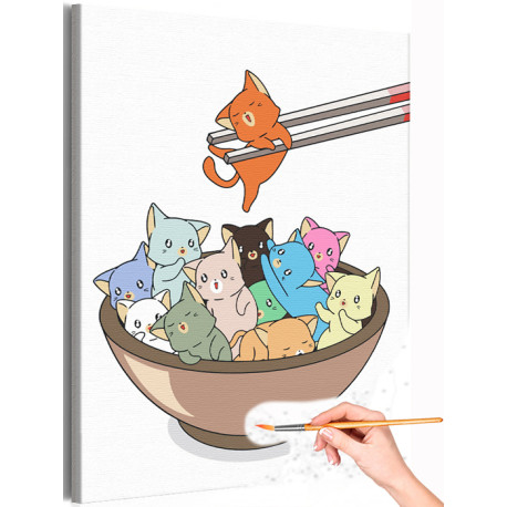 1 Котики и китайская еда Животные Кошки Коты Котята Для кухни Для Детей Детская Смешная Раскраска картина по номерам на холсте