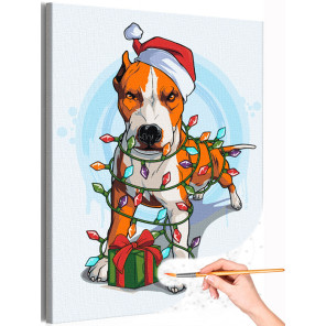 1 Питбуль с гирляндой Животные Собака Новый год Рождество Для детей Для мальчика Для девочек Раскраска картина по номерам на хол