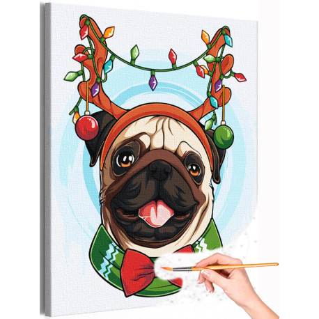 1 Мопс с гирляндой Животные Собака Новый год Рождество Для детей Для мальчика Для девочек Раскраска картина по номерам на холсте