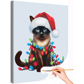 1 Сиамская кошка с гирляндой Животные Коты Котята Новый год Рождество Зима Раскраска картина по номерам на холсте