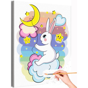 1 Заяц на облаке с воздушным шаром Животные Кролик Небо Звезды Для детей Детская Раскраска картина по номерам на холсте