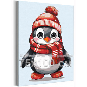 Пингвин в шапке и шарфе Животные Мультики Детская Для детей Для мальчика Для девочек Зима 75х100 Раскраска картина по номерам на