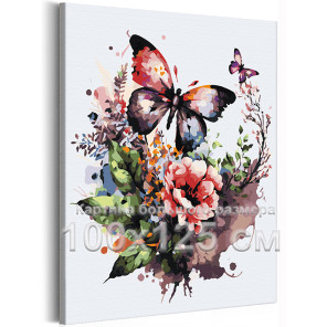 Цветы шиповника и бабочка Природа Букет Лето Яркая Интерьерная 100х125 Раскраска картина по номерам на холсте