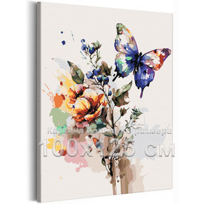 Ветвь с цветами и бабочка Природа Лето Яркая Интерьерная 100х125 Раскраска картина по номерам на холсте
