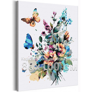 Букет цветов и бабочка Природа Лето Яркая Интерьерная 80х100 Раскраска картина по номерам на холсте