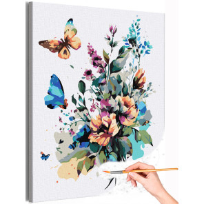 1 Букет цветов и бабочка Природа Лето Яркая Интерьерная Раскраска картина по номерам на холсте