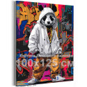 Стильная панда на фоне города Животные Арт Граффити Яркая Медведь Золото 100х125 Раскраска картина по номерам на холсте с неоновыми и металлическими красками