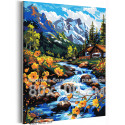 Цветы на берегу горной реки Пейзаж Природа Альпы Дом Весна Горы Вода 80х100 Раскраска картина по номерам на холсте