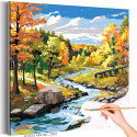 Природа ранней осенью Пейзаж Река Сентябрь Лес Вода Интерьерная Яркая Раскраска картина по номерам на холсте