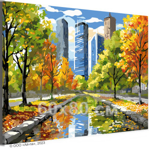 Городской парк осенью Пейзаж Природа Дома Деревья Яркая Небольшая Времена года 60х80 Раскраска картина по номерам на холсте
