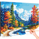 Осенняя река и высокие горы Пейзаж Природа Осень Деревья Вода Альпы Времена года Яркая Раскраска картина по номерам на холсте