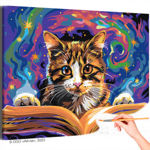  Котик с магической книгой Животные Кошки Котята Мем Магия Фэнтези Для детей Детская Яркая Раскраска картина по номерам на холст