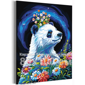 Маленькая панда с цветами Животные Медведь Яркая 80х100 Раскраска картина по номерам на холсте с неоновыми красками