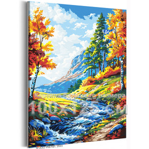 Осенняя река в предгорье Пейзаж Природа Осень Деревья Вода Альпы Времена года Яркая 100х125 Раскраска картина по номерам на холс