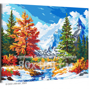 Яркая природа в горах Пейзаж Осень Деревья Река Вода Альпы Интерьерная Времена года 80х100 Раскраска картина по номерам на холст