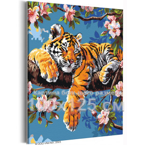 Тигренок на цветущем дереве Животные Тигр Весна Цветы Ветви 100х125 Раскраска картина по номерам на холсте